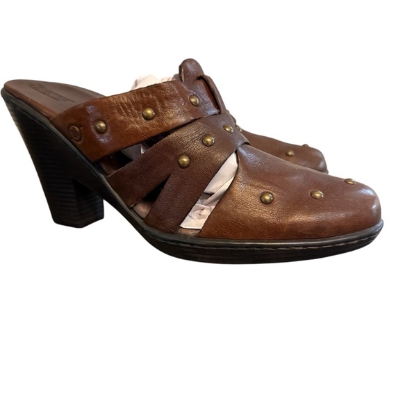 BORN BOC Shoes Womens 10 Brown Studded Mules Chunky Heels Sandals - Picture 1 of 7